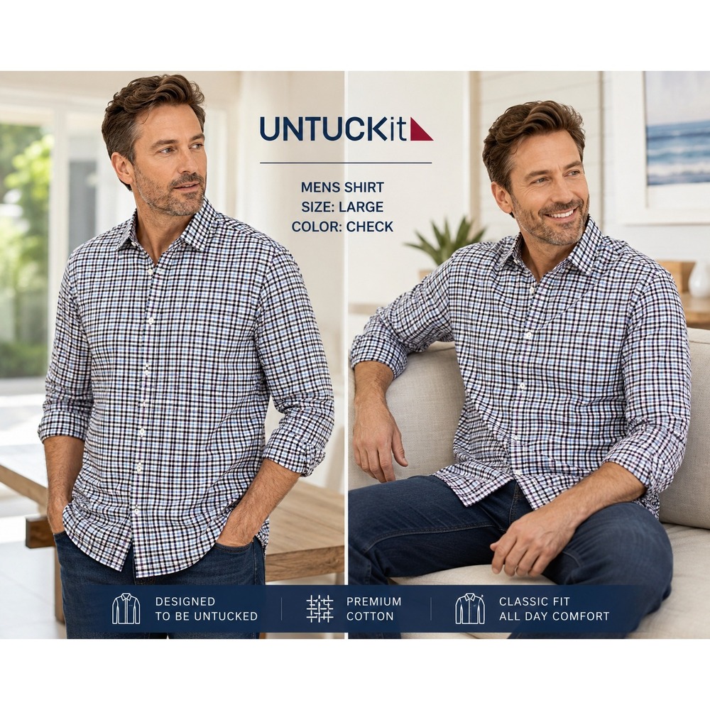 UNTUCKit Mens L Slim Fit Wrinkle Free Shirt Blue Plaid Check 100% Cotton #1870